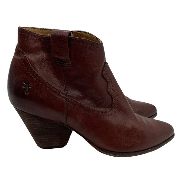 Frye Reina Cognac Leather Western Ankle Booties Brown Heel Scuffing Size 6.5M - Picture 2 of 12